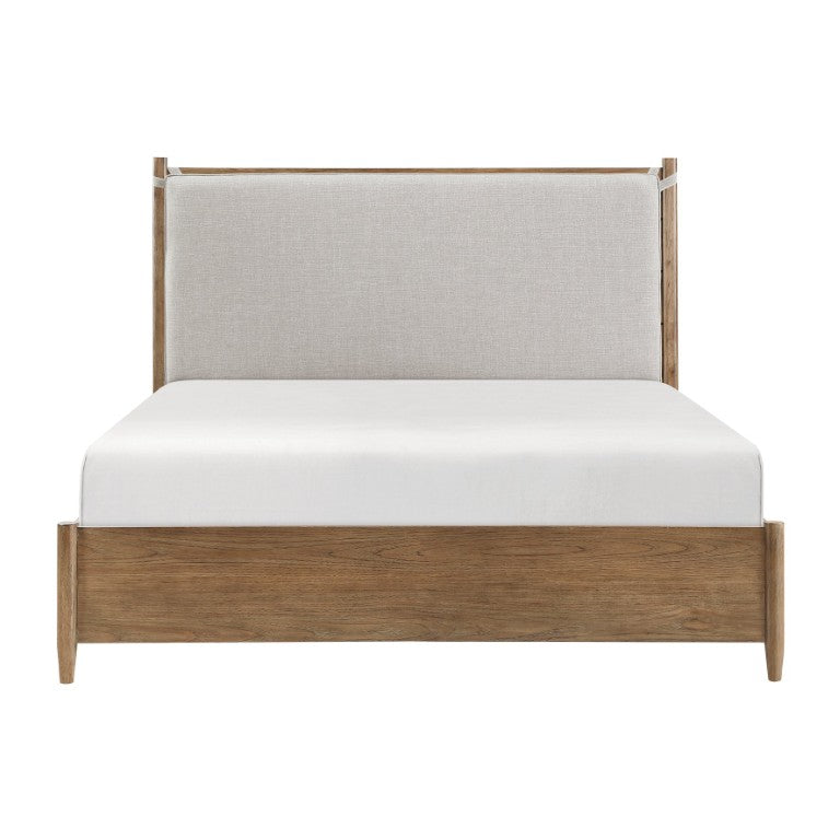 English Elm Bed Eastern King Platform Frame with Cushioned Headboard in Textured Gray Polyester B011S03918