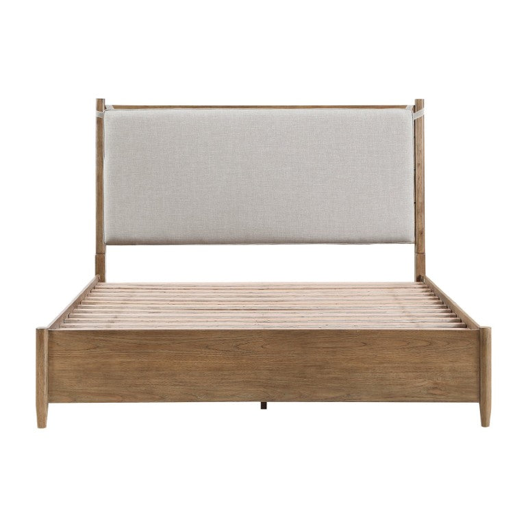English Elm Bed Eastern King Platform Frame with Cushioned Headboard in Textured Gray Polyester B011S03918