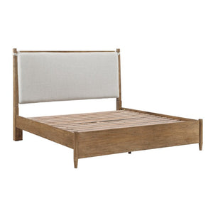 English Elm Bed Eastern King Platform Frame with Cushioned Headboard in Textured Gray Polyester B011S03918