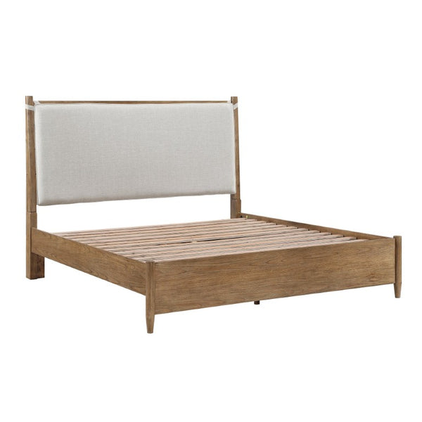 English Elm Bed Eastern King Platform Frame with Cushioned Headboard in Textured Gray Polyester B011S03918