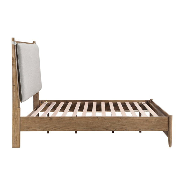 English Elm Bed Eastern King Platform Frame with Cushioned Headboard in Textured Gray Polyester B011S03918