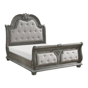 English Elm Bed Queen Sleigh Frame Tufted Gray Linen Panels Acanthus Carved Acacia Veneer Formal B011S03922