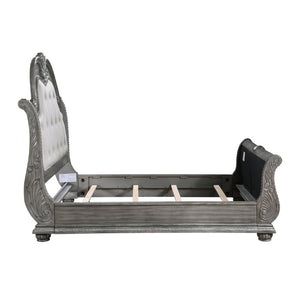 English Elm Bed Queen Sleigh Frame Tufted Gray Linen Panels Acanthus Carved Acacia Veneer Formal B011S03922