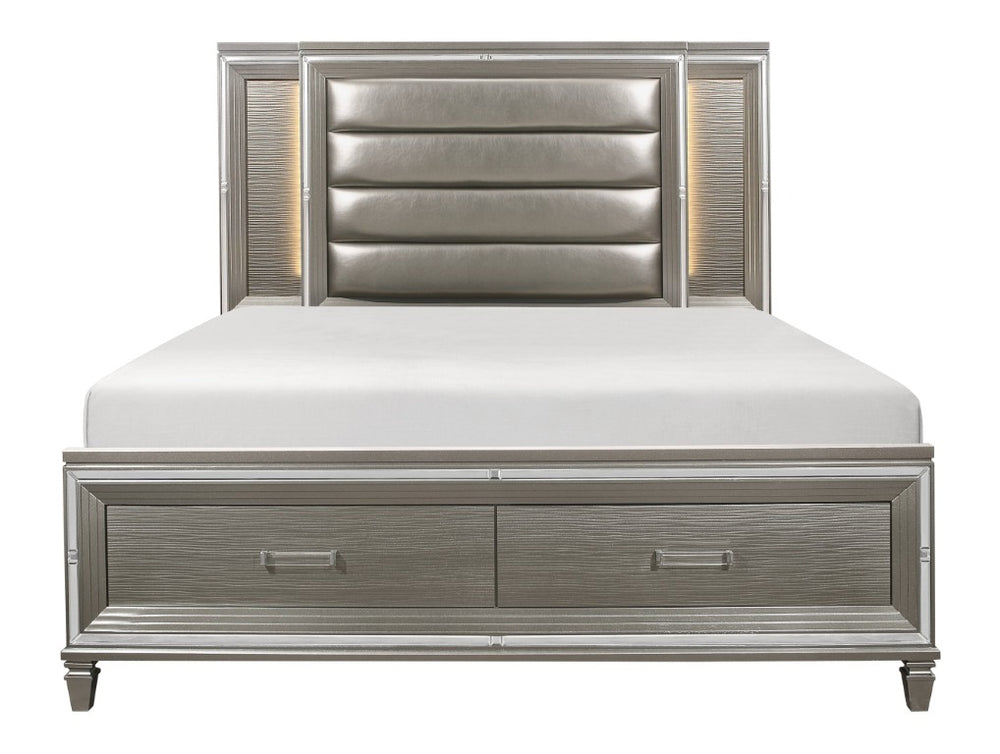 English Elm Bed Eastern King Glam Storage Frame with LED Panels Mirrored Trim Faux Leather B011S03923