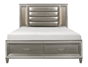 English Elm Bed Eastern King Glam Storage Frame with LED Panels Mirrored Trim Faux Leather B011S03923