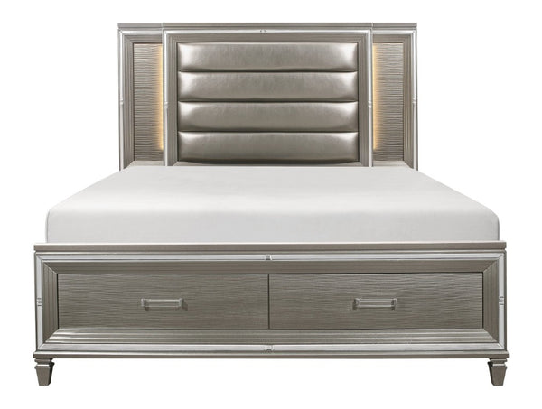English Elm Bed Eastern King Glam Storage Frame with LED Panels Mirrored Trim Faux Leather B011S03923