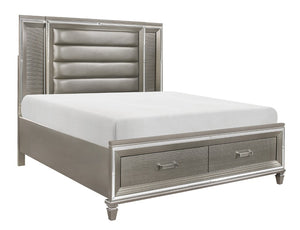 English Elm Bed Eastern King Glam Storage Frame with LED Panels Mirrored Trim Faux Leather B011S03923