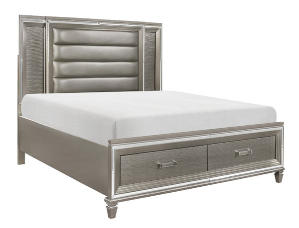 English Elm Bed Eastern King Glam Storage Frame with LED Panels Mirrored Trim Faux Leather B011S03923