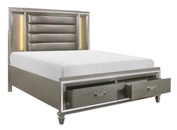 English Elm Bed Eastern King Glam Storage Frame with LED Panels Mirrored Trim Faux Leather B011S03923