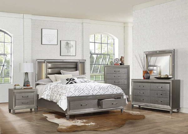 English Elm Bed Eastern King Glam Storage Frame with LED Panels Mirrored Trim Faux Leather B011S03923