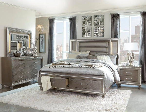 English Elm Bed Eastern King Glam Storage Frame with LED Panels Mirrored Trim Faux Leather B011S03923