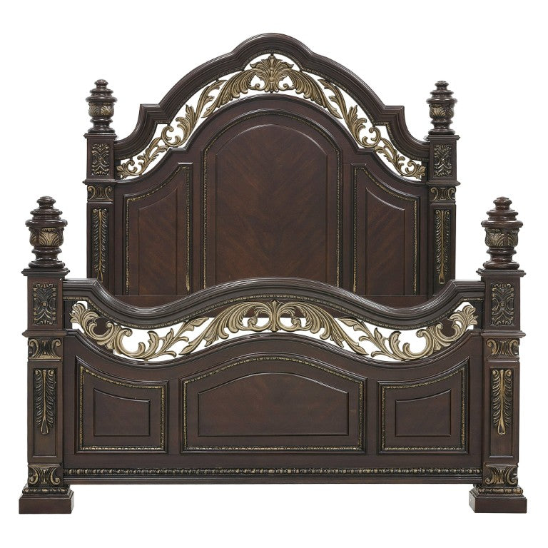 English Elm Bed Eastern King Cherry Veneer Traditional Frame with Carved Acanthus Leaf Detailing B011S03932