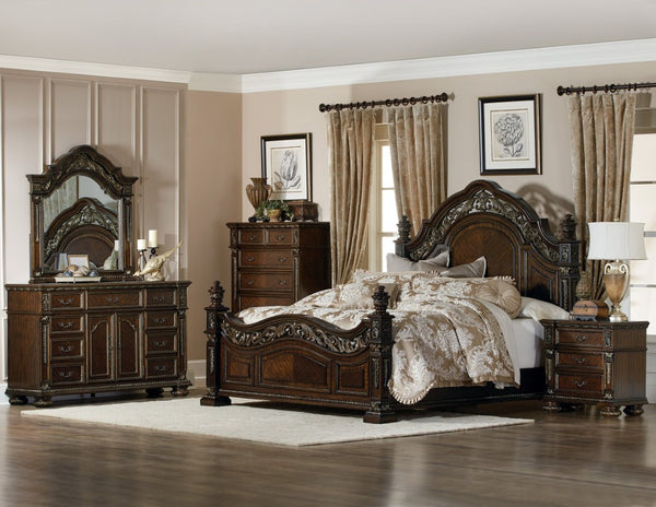 English Elm Bed Eastern King Cherry Veneer Traditional Frame with Carved Acanthus Leaf Detailing B011S03932