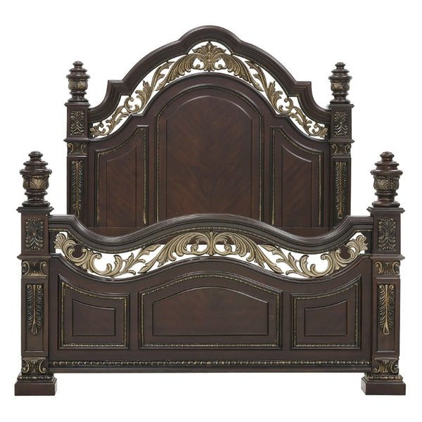 English Elm Bed California King with Carved Acanthus Molding and Gold Scrollwork in Cherry Finish B011S03933
