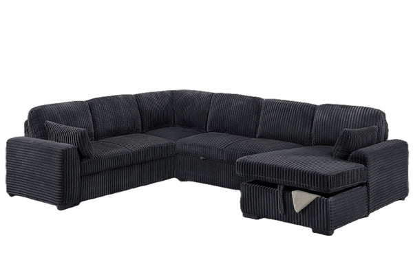 English Elm Sleeper Sectional 4 Piece Corduroy Sofa Set with Chaise Storage and Pull Out Bed B011S03936