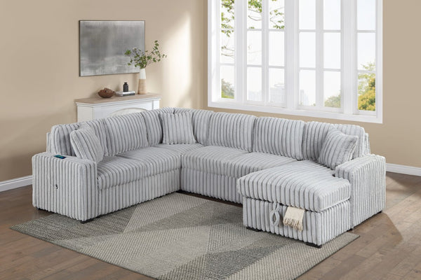 English Elm Living Room 4 Piece Corduroy Sectional Sofa with Sleeper Bed and Storage Chaise B011S03939