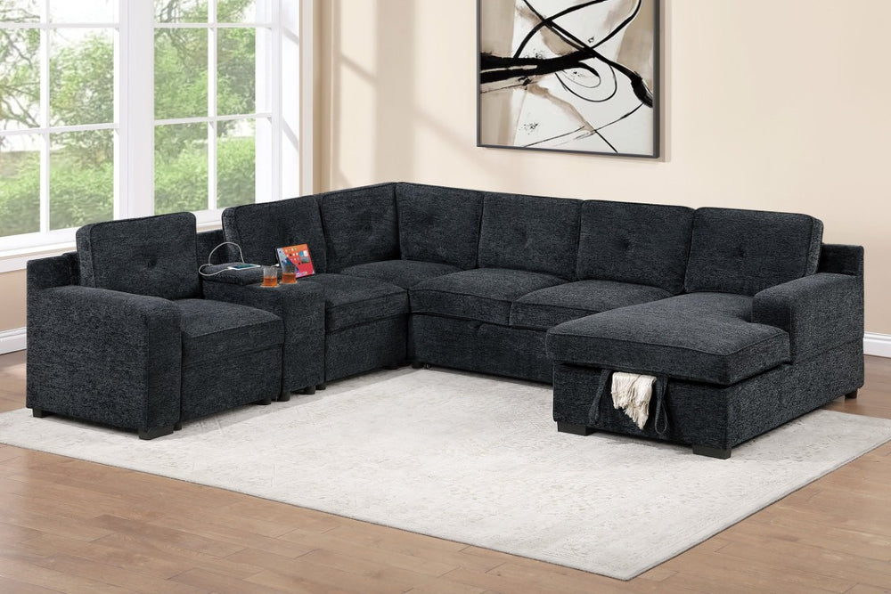 English Elm Modern Chenille Tufted Sectional Sofa with Sleeper Storage Console and USB Charging B011S03940