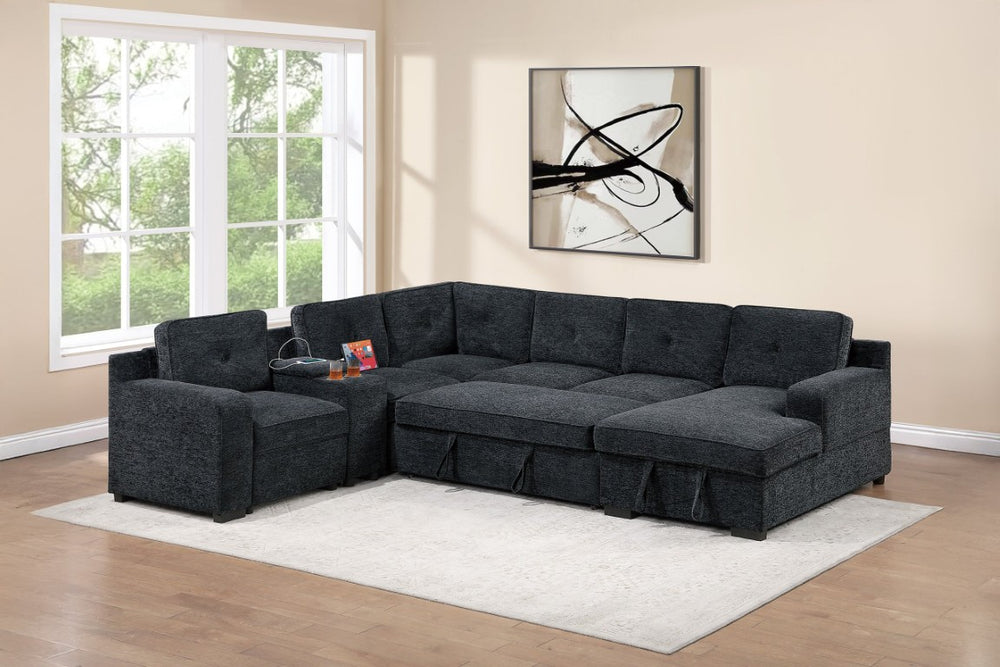 English Elm Modern Chenille Tufted Sectional Sofa with Sleeper Storage Console and USB Charging B011S03940