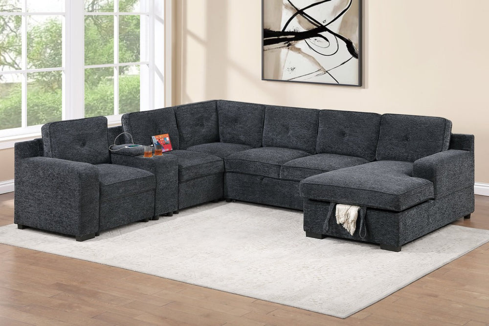 English Elm Modern Chenille Sectional Sofa with Sleeper Storage Console and Cup Holders for Living Room B011S03941
