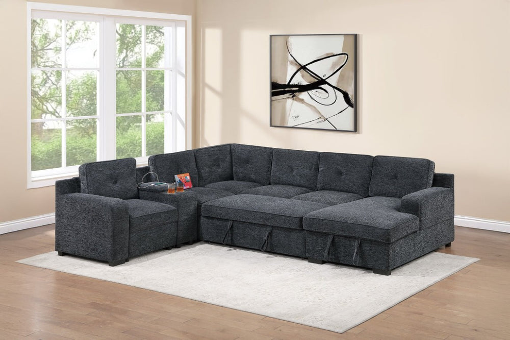 English Elm Modern Chenille Sectional Sofa with Sleeper Storage Console and Cup Holders for Living Room B011S03941