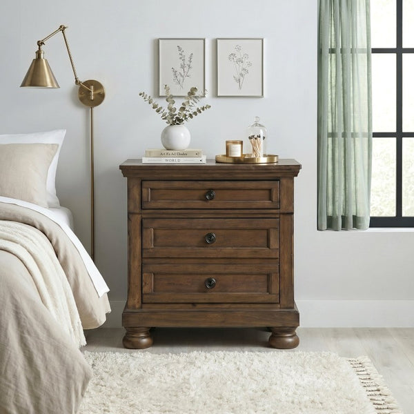 English Elm Traditional Birch Veneer Nightstand Set with Felt Lined Jewelry Tray and Bun Feet B011S03946