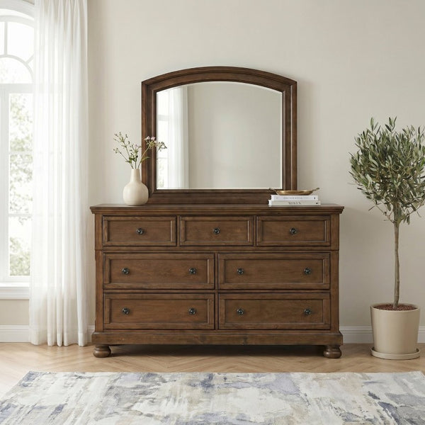 English Elm Traditional Seven Drawer Dresser with Mirror Solid Wood Dark Brown Bedroom Set 7-Drawer Dresser Mirror Set B011S03947
