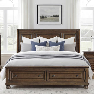 English Elm Traditional Queen Sleigh Bed with Footboard Drawers Birch Wood Dark Brown Finish B011S03948