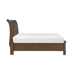 English Elm Traditional Carved Sleigh California King Bed with Button Tufted Linen Panels and Silver Tipping Dark Brown 81 L x 98 W x 57 H B011S03949