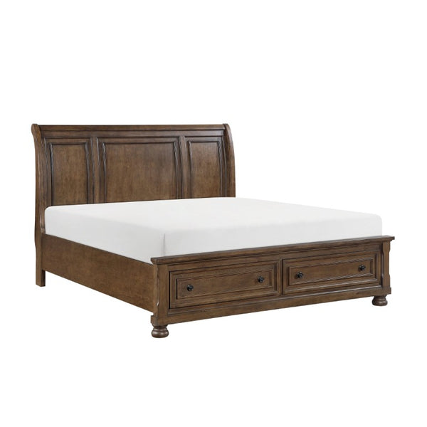 English Elm Traditional Sleigh King Bed Carved Acanthus Wood Frame Tufted Linen Upholstered Headboard Dark Brown 81 L x 94 W x 57 H B011S03950