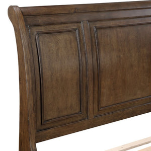 English Elm Traditional Sleigh King Bed Carved Acanthus Wood Frame Tufted Linen Upholstered Headboard Dark Brown 81 L x 94 W x 57 H B011S03950
