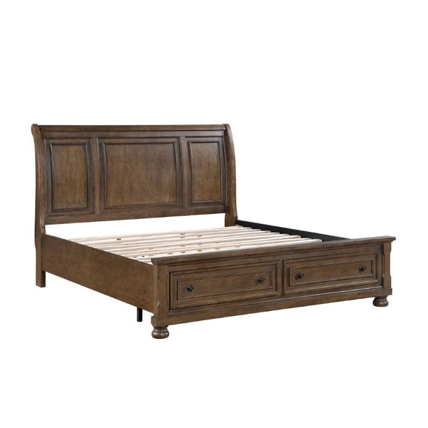 English Elm Traditional Sleigh King Bed Carved Acanthus Wood Frame Tufted Linen Upholstered Headboard Dark Brown 81 L x 94 W x 57 H B011S03950