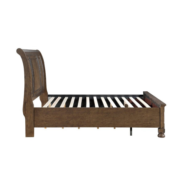 English Elm Traditional Sleigh King Bed Carved Acanthus Wood Frame Tufted Linen Upholstered Headboard Dark Brown 81 L x 94 W x 57 H B011S03950