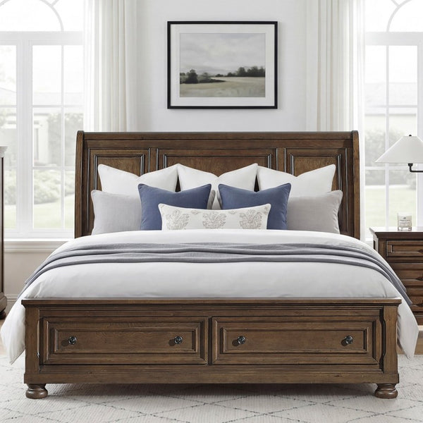 English Elm Traditional Sleigh King Bed Carved Acanthus Wood Frame Tufted Linen Upholstered Headboard Dark Brown 81 L x 94 W x 57 H B011S03950