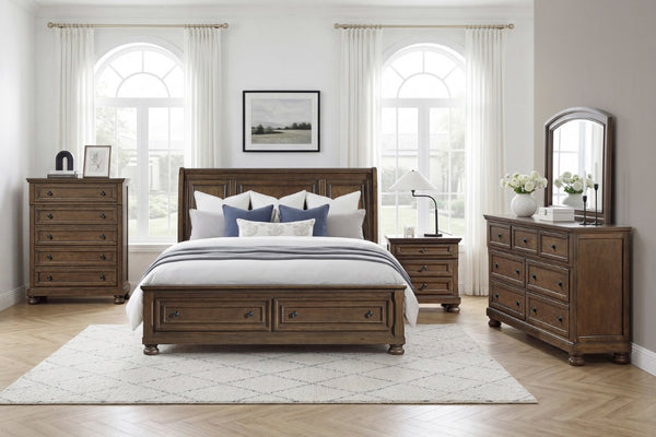 English Elm Traditional Sleigh King Bed Carved Acanthus Wood Frame Tufted Linen Upholstered Headboard Dark Brown 81 L x 94 W x 57 H B011S03950