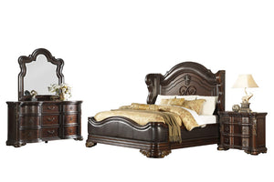 English Elm Bed Eastern King Traditional Cherry Veneer Frame with Carved Scrollwork and Nailhead Trim B011S03958
