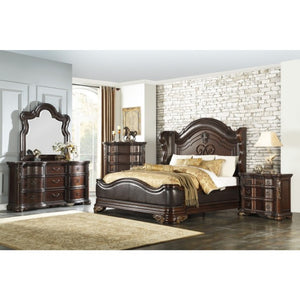 English Elm Bed Eastern King Traditional Cherry Veneer Frame with Carved Scrollwork and Nailhead Trim B011S03958