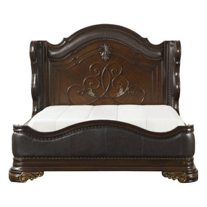English Elm Bed Eastern King Traditional Cherry Veneer Frame with Carved Scrollwork and Nailhead Trim B011S03958