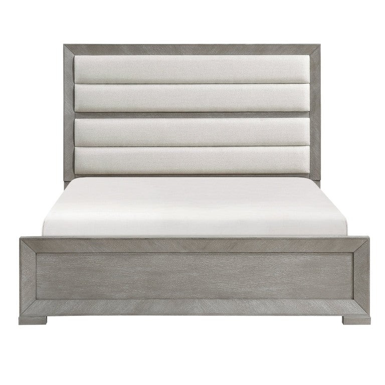 English Elm Bed Eastern King Upholstered Headboard Oak Veneer Frame Gray Contemporary Bedroom B011S03961