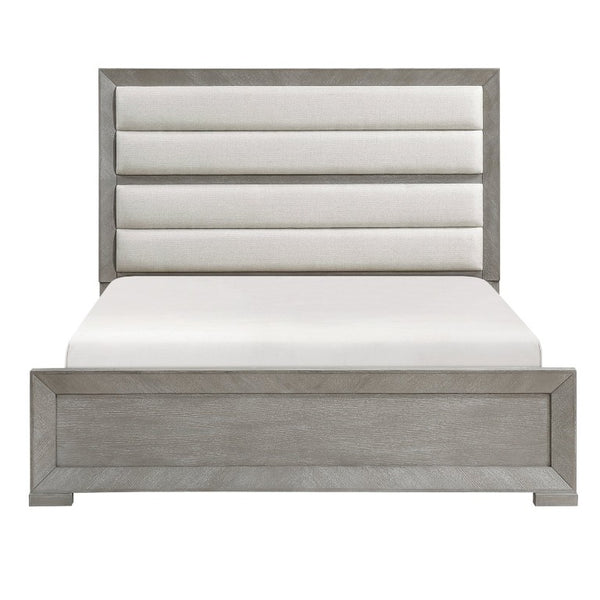 English Elm Bed Eastern King Upholstered Headboard Oak Veneer Frame Gray Contemporary Bedroom B011S03961