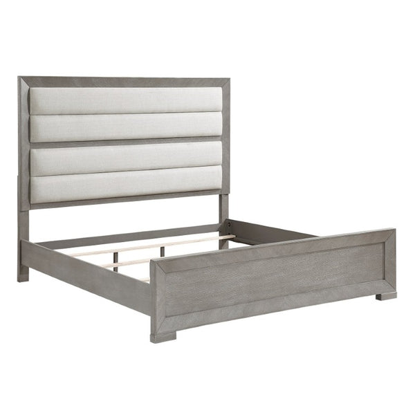English Elm Bed Eastern King Upholstered Headboard Oak Veneer Frame Gray Contemporary Bedroom B011S03961