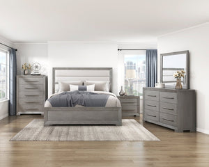 English Elm Bed Eastern King Upholstered Headboard Oak Veneer Frame Gray Contemporary Bedroom B011S03961