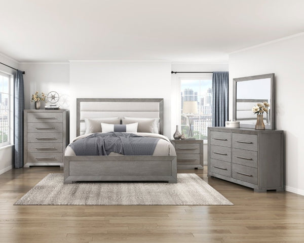 English Elm Bed Eastern King Upholstered Headboard Oak Veneer Frame Gray Contemporary Bedroom B011S03961