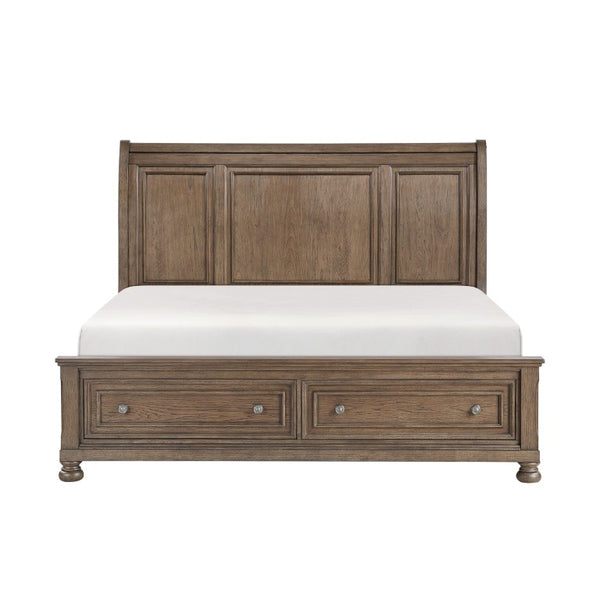 English Elm Bed California King Sleigh Storage Footboard Drawers Wire Brushed Solid Wood Frame B011S03971
