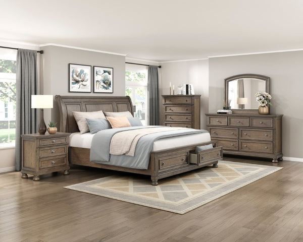 English Elm Bed California King Sleigh Storage Footboard Drawers Wire Brushed Solid Wood Frame B011S03971