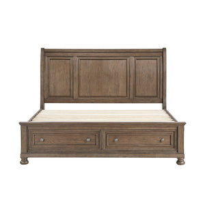 English Elm Bed California King Sleigh Storage Footboard Drawers Wire Brushed Solid Wood Frame B011S03971