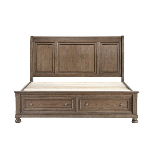 English Elm Bed California King Sleigh Storage Footboard Drawers Wire Brushed Solid Wood Frame B011S03971