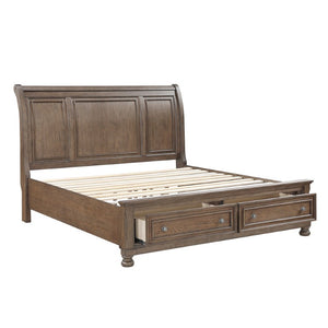 English Elm Bed California King Sleigh Storage Footboard Drawers Wire Brushed Solid Wood Frame B011S03971