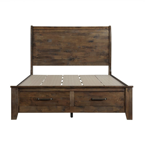 English Elm Bed Eastern King with Plank Headboard Weathered Finish Rustic Transitional Bedroom Brown 80 L x 96.5 W x 54 H Acacia Wood B011S03977
