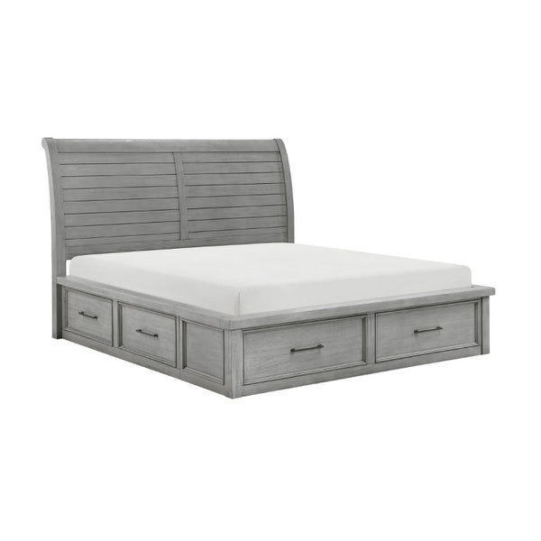 English Elm Bed California King Sleigh Style Mango Veneer Frame Six Drawer Storage Antique Gray B011S03980
