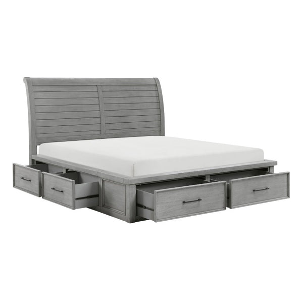 English Elm Bed California King Sleigh Style Mango Veneer Frame Six Drawer Storage Antique Gray B011S03980